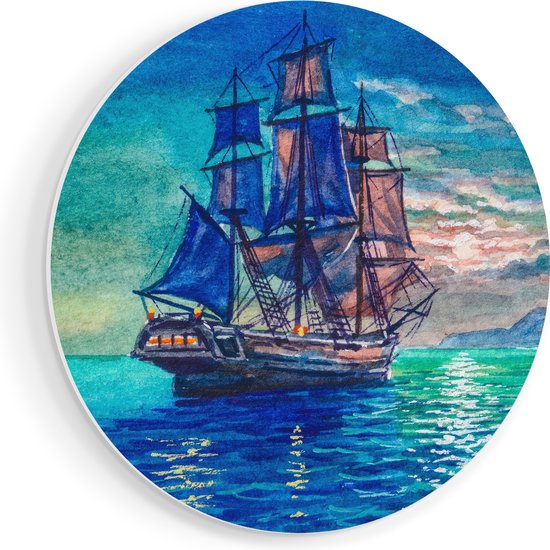 Artaza Forex Muurcirkel Oude Piratenschip Zeilboot Getekend - 60x60 cm - Wandbord - Wandcirkel - Rond Schilderij - Wanddecoratie Cirkel