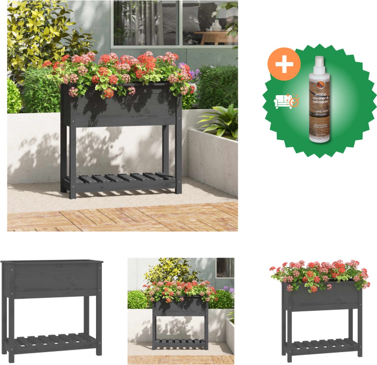 VidaXL Plantenbak met schap 82 5x34 5x81 cm massief grenenhout grijs Bloempot Inclusief Houtreiniger en verfrisser