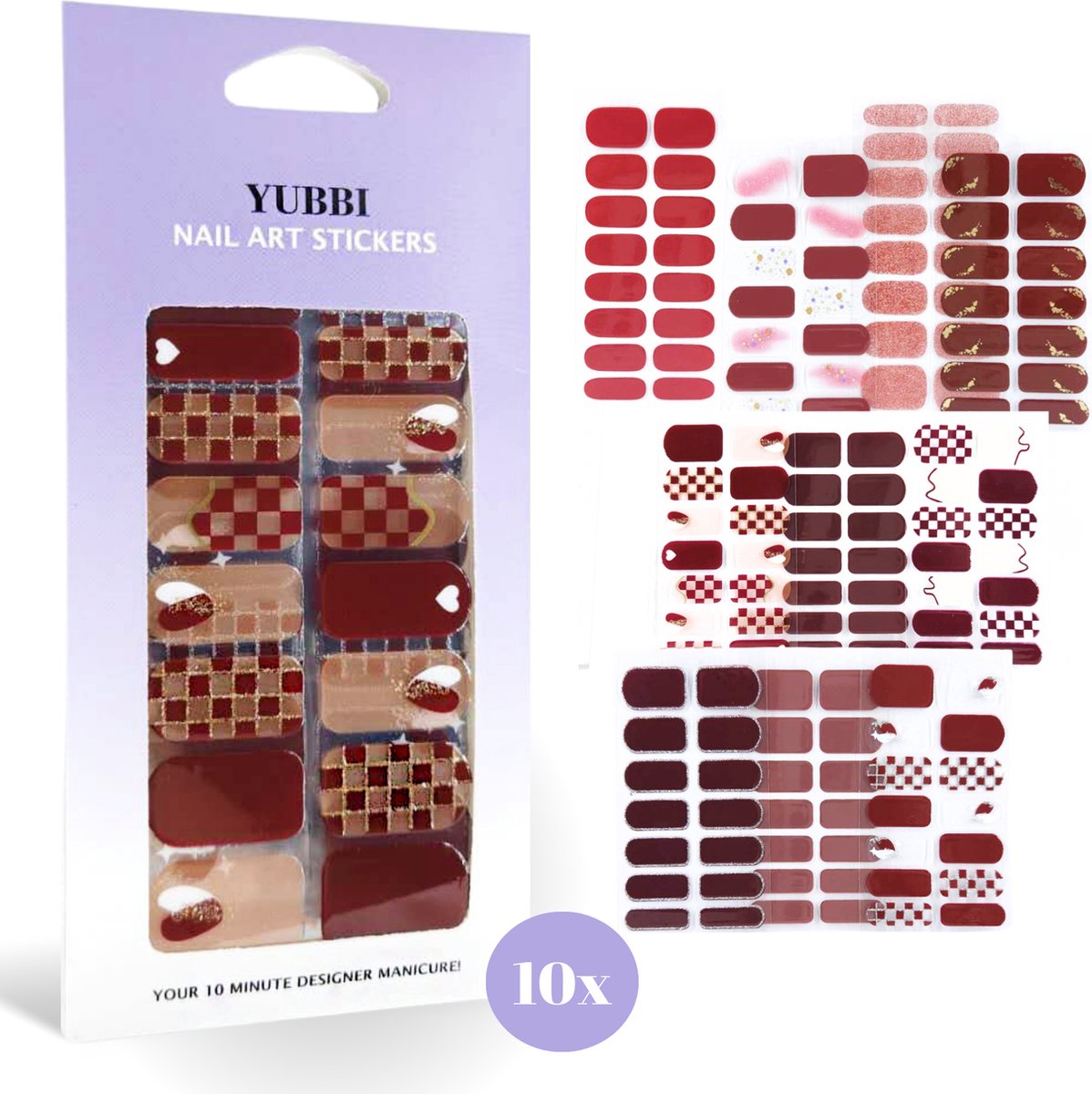 Goedkoopste YUBBI Nail Art Nagel Stickers - Nail Wraps - Stencils - Zelfklevend - 10 Vellen - Rood Assortiment