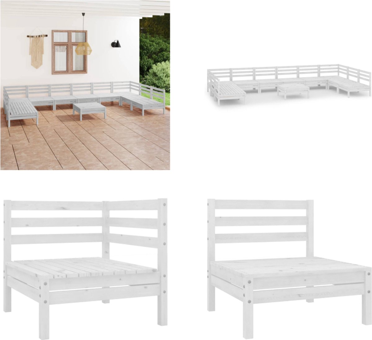 VidaXL 11-delige Loungeset massief grenenhout wit Loungeset Loungesets Tuinsets