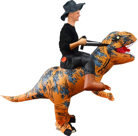KIMU® Opblaas Kostuum Rijdend op T-Rex - Opblaasbaar Pak - Dinopak Mascotte Opblaaspak - Opblaasbare Dino Dinosaurus Dames Heren Festival