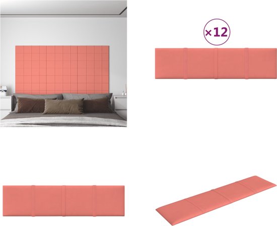 vidaXL Wandpanelen 12 st 1-08 m² 60x15 cm fluweel roze - Wandpaneel - Wandpanelen - Wanddecoratie - Wandversiering