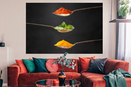 Poster Herbes - Cuillère - Épices - Zwart - Italien - 180x120 cm XXL
