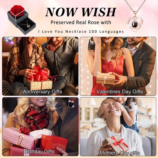 DUOSME Cadeaus voor mama, Valentijnsdag, eeuwige roos met Ik hou van jou, ketting, hart, cadeau voor jou, vrouw, vriendin, echtgenote, sieraden, geschenkdoos voor verjaardag, jubileum, Moederdag