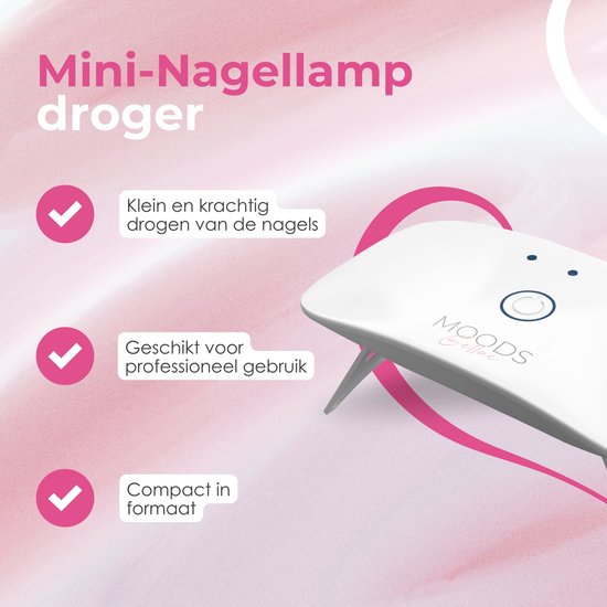 Witte MOODS Gellac mini nagellamp, klein en krachtig, geschikt voor professioneel gebruik.