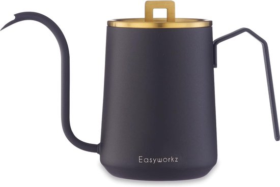 Bouilloire à café à col de cygne de 600 ml, en acier inoxydable, avec bec long et étroit, or brossé noir