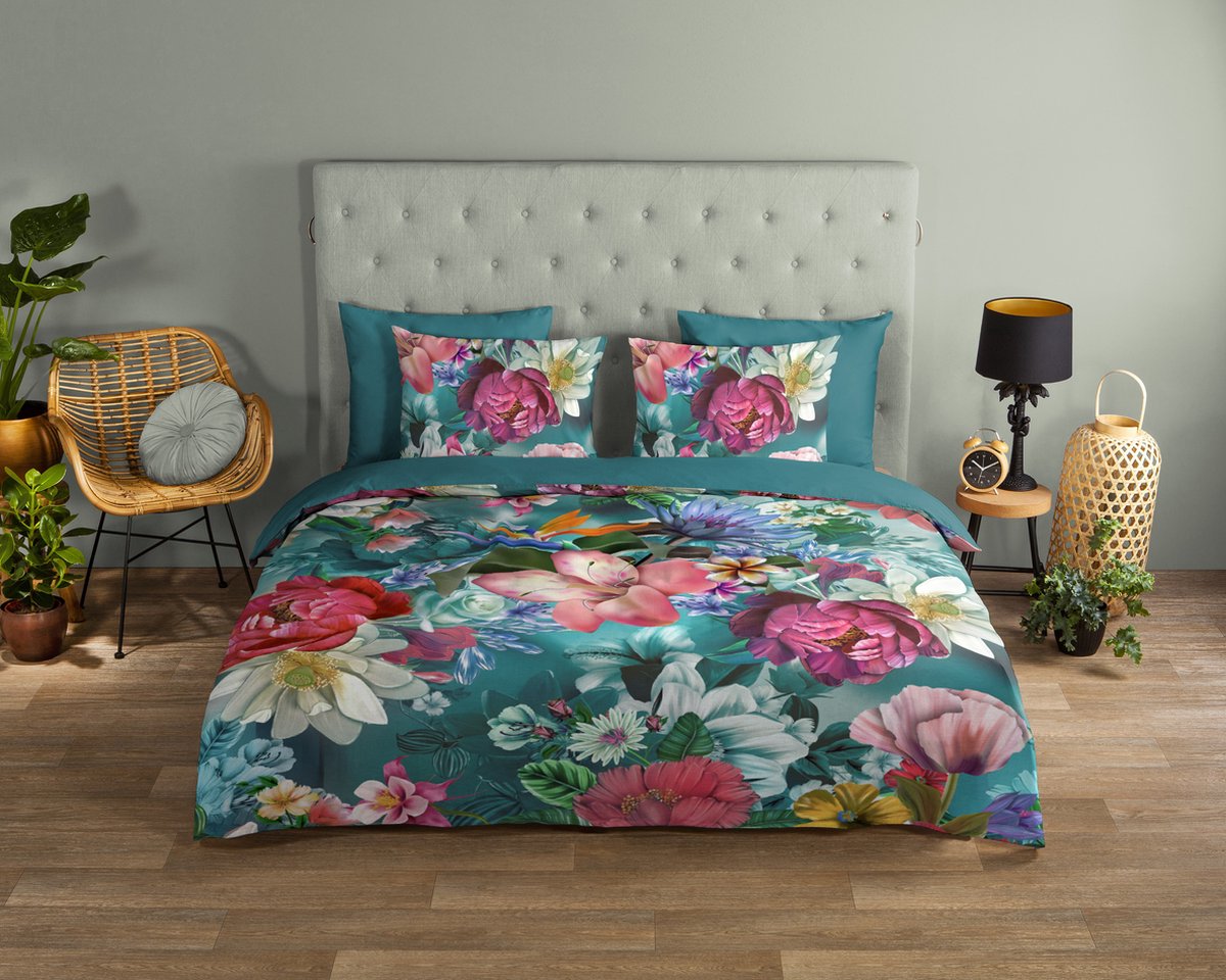 Good Morning dekbedovertrek bloemen - Lits jumeaux 240x200/220 cm - Petrol - 100% Katoen renforce