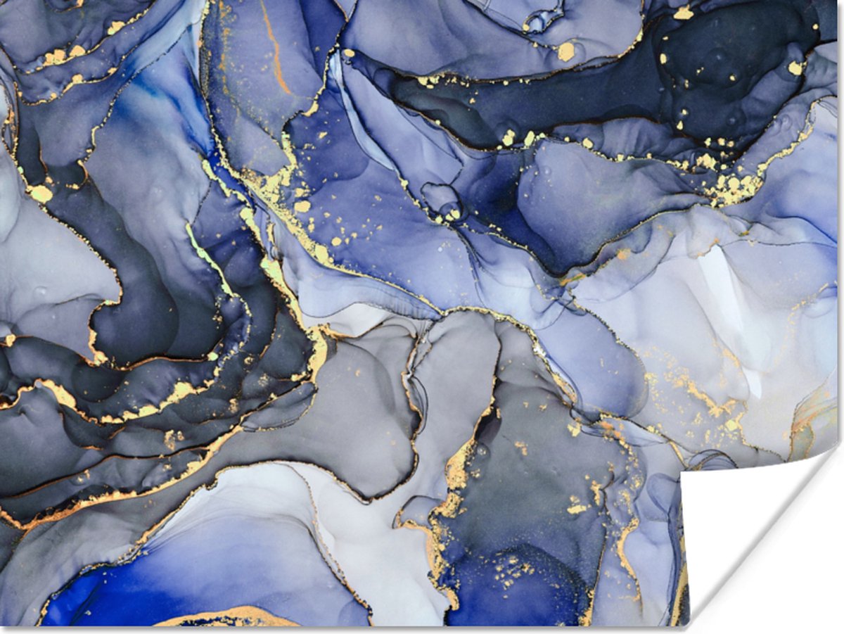 Poster Marmer - Goud - Abstract - Blauw - 80x60 cm
