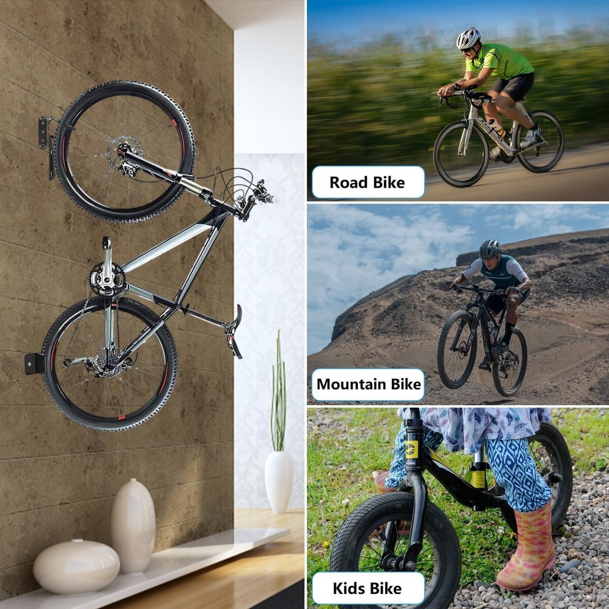 Support Mural Pour Vélo Réglable 360° - Charge 50 Kg, Crochets Pliables, Pour Garage Ou Maison Gain De Place
