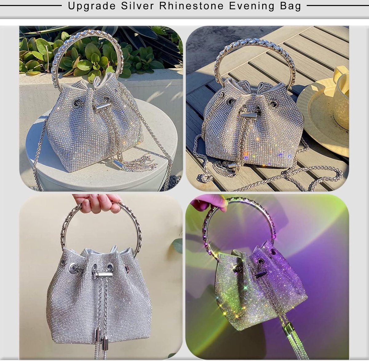 NICOLE & DORIS Avond Strass Emmer Clutch Glanzende Sparkly Crystal Portemonnees Dames Party Prom Bruiloft Tas, Zilver, L, Elegant NICOLE & DORIS Avond Strass Emmer Clutch Glanzende Sparkly Crystal Portemonnees Dames Party Prom Bruiloft Tas, Zilver, L, Elegant