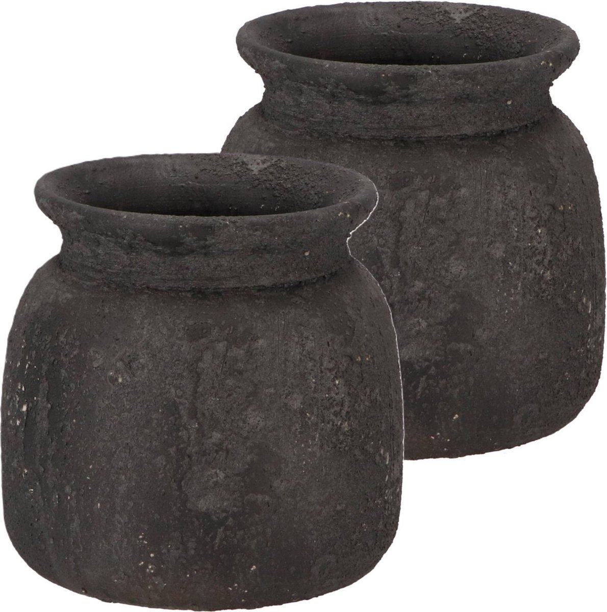 DK design Bloemenvaas kruik Maya - 2x - verweerd zwart - D16 x H17 cm - rustiek