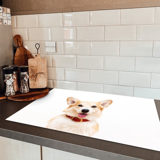 KitchenYeah® Inductie beschermer 81.6x52.7 cm - Corgi met halsband op witte achtergrond - Kookplaataccessoires - Afdekplaat voor kookplaat - Inductiebeschermer - Inductiemat - Inductieplaat mat