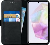 Rosso Deluxe Echt Leer Book Case Hoesje Geschikt voor Samsung Galaxy A35 | Ruimte voor drie pasjes | Portemonnee Book Case | Met Pasjeshouder | Zwart