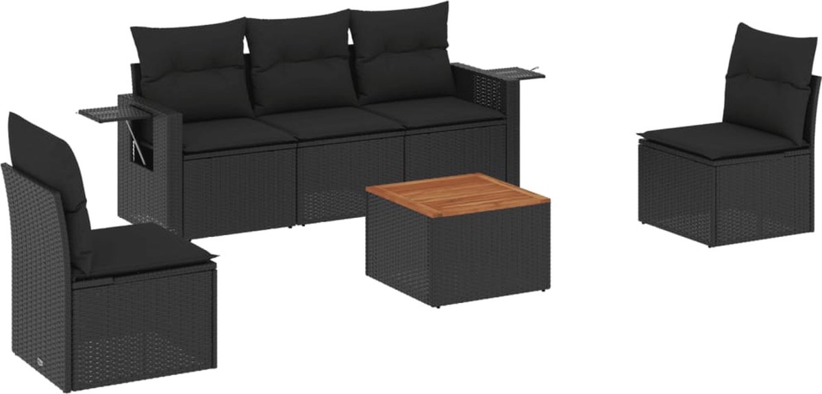 vidaXL 6-delige - Loungeset - met - kussens - poly - rattan - zwart