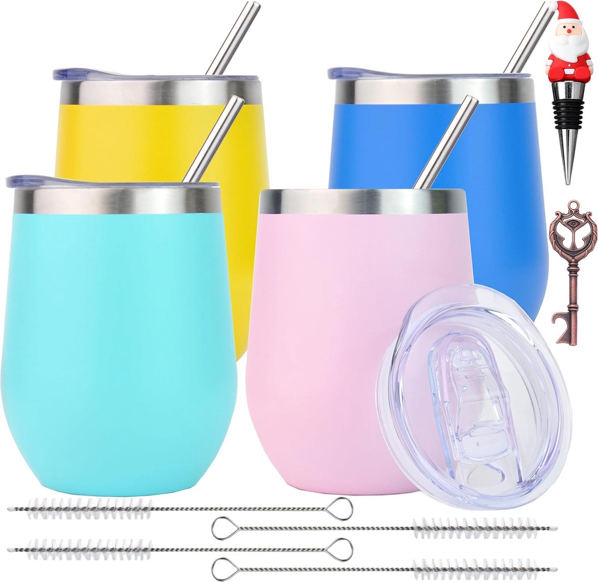 Image of 4 stuks wijnbekers roestvrij staal, wijnglas to go, wijnbeker to go, wijnbeker om mee te nemen, wijnbekers met deksel, roestvrijstalen wijnbeker voor koffie/champagne/cocktails/warme dranken,