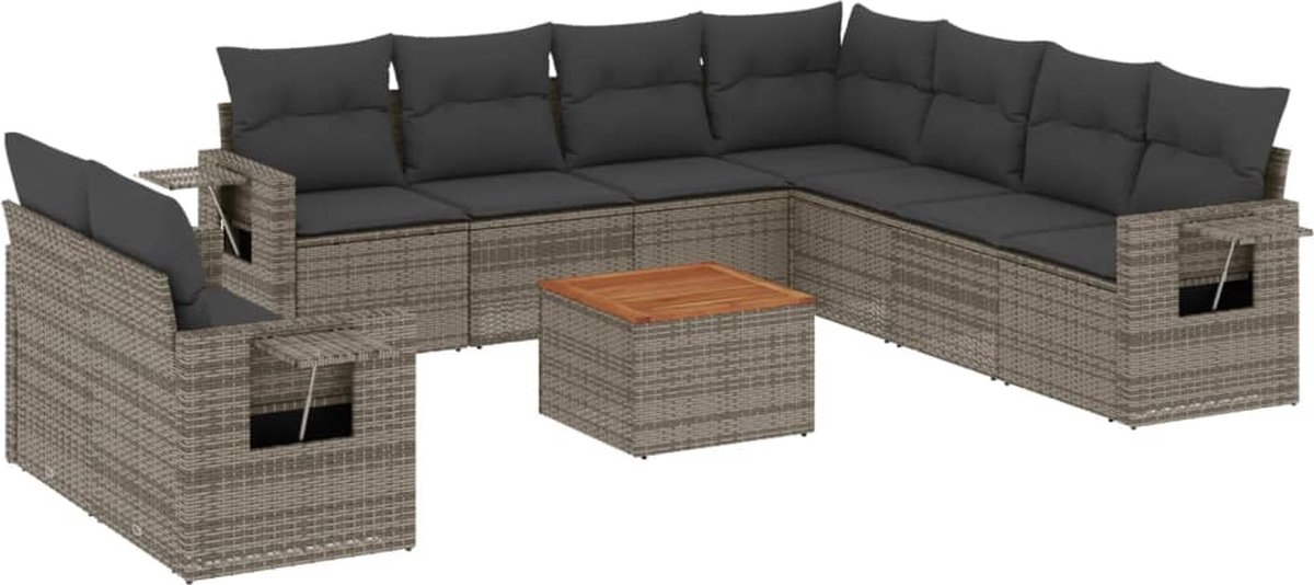 vidaXL 10-delige - Loungeset - met - kussens - poly - rattan - grijs