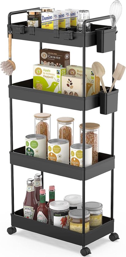 Opbergkar Kunststof 4-laags rollende gereedschapswagen Opberger met wielen Badkamer uitschuifbare kar Mobiele opberger Organizer Trolley voor kantoor Badkamer Keuken (G