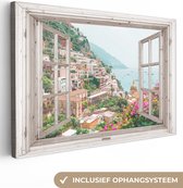 Canvas - Doorkijk - Italië - Berg - Bloemen - Woonkamer - 90x60 cm - Canvas doek - Canvas schilderij