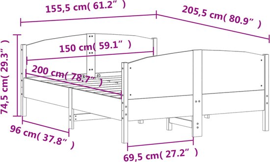 vidaXL Bedframe Wasbruin 90 x 210 cm Massief grenenhout