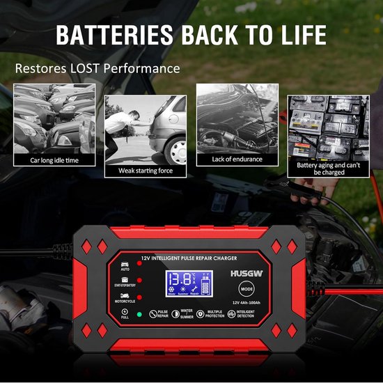 Chargeur Batterie Voiture 12V6A Intelligent - Réparation, Écran LCD - Husgw