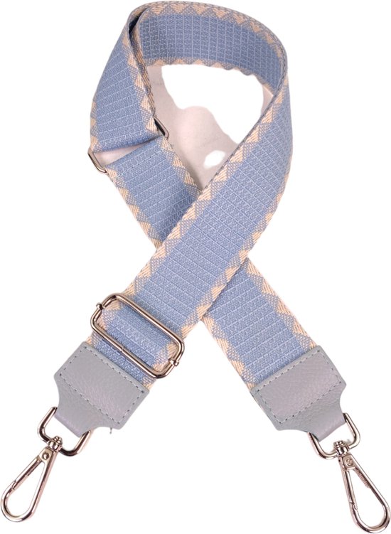 Qischa® Bag strap - Tassenriem - Schouderband - Schouderriem - Tassen Riem - Tas Hengsel - Verstelbare Riem - blauw beige - zilveren hardware