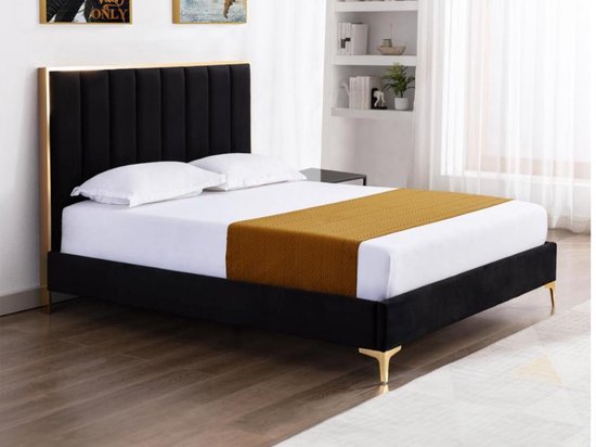 Bed CLARISSE met hoofdeinde met verticale stiksels - 160 x 200 cm - Fluweel - Zwart en goudkleurig L 167 cm x H 120 cm x D 213 cm