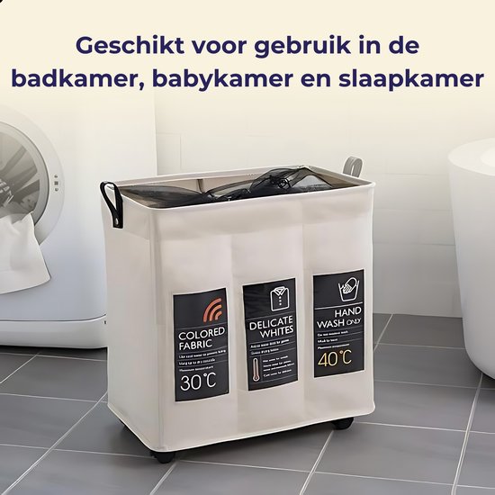 Panier à linge 3 compartiments - Trieur de linge - 95L - Panier à linge pliable - Wit - Pliable - Sur Roues - Avec poignée - Pour Salle de bain, Chambre de bébé, Chambre - Panier de rangement - Panier à jouets