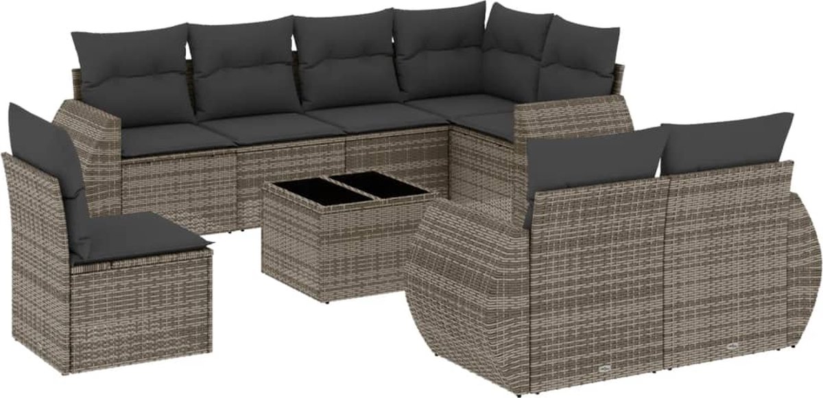 vidaXL 9-delige - Loungeset - met - kussens - poly - rattan - grijs