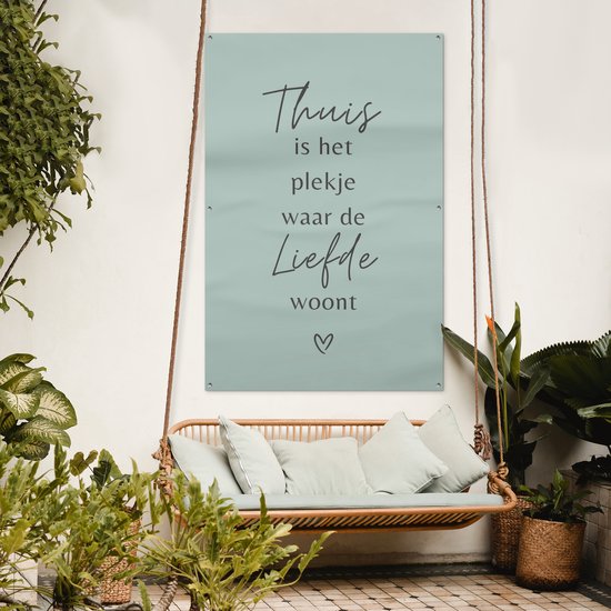 Affiche de jardin 120x180 cm - Décoration de jardin - Citation - Maison - Amour - Blauw - Texte - Coeur - Affiche pour le jardin - Décoration extérieure - Peinture de jardin de clôture - Décoration murale - Toile de jardin - Affiche extérieure
