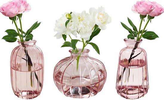 Vazen set van 3 kleine bloemenvazen ​​van roze glas, minivazen ​​glazen flessen, modern interieur, vazendecor voor tafelcentrum, bruiloft, slaapkamer, doop, verjaardag, cadeau voor Moederdag