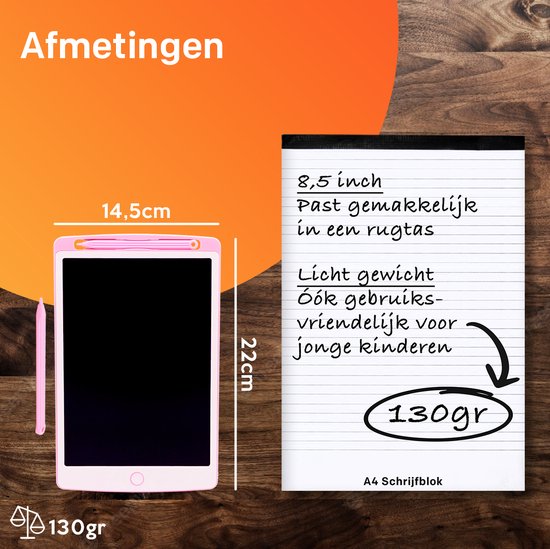 Afmetingen van een roze tekentablet: 14,5 x 22 cm, gewicht 130gr. Past in een rugzak.