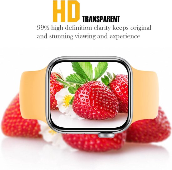 Een gele band om een Apple Watch met een scherm met aardbeien en bloemen.