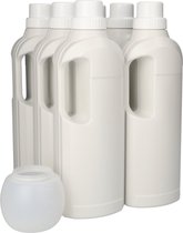 6x Multi Ovale Fles 1000ml met Doseerdop & Wasbol - Lege Flessen - Plastic Fles voor Poets-, Reinigings- en Wasmiddelen - Gereycled HDPE Kunststof Transparant - Navulbaar - Gebroken Wit