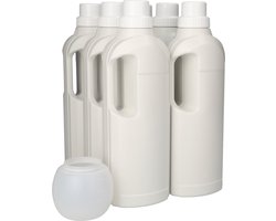 6 x Gerecyclede Ovale Fles 1000ml met Doseerdop & Wasbol- Gerecycled HDPE Kunststof - Onbreekbaar - ca. 70% minder Co2 uitstoot door gerecycled materiaal - 6 stuks