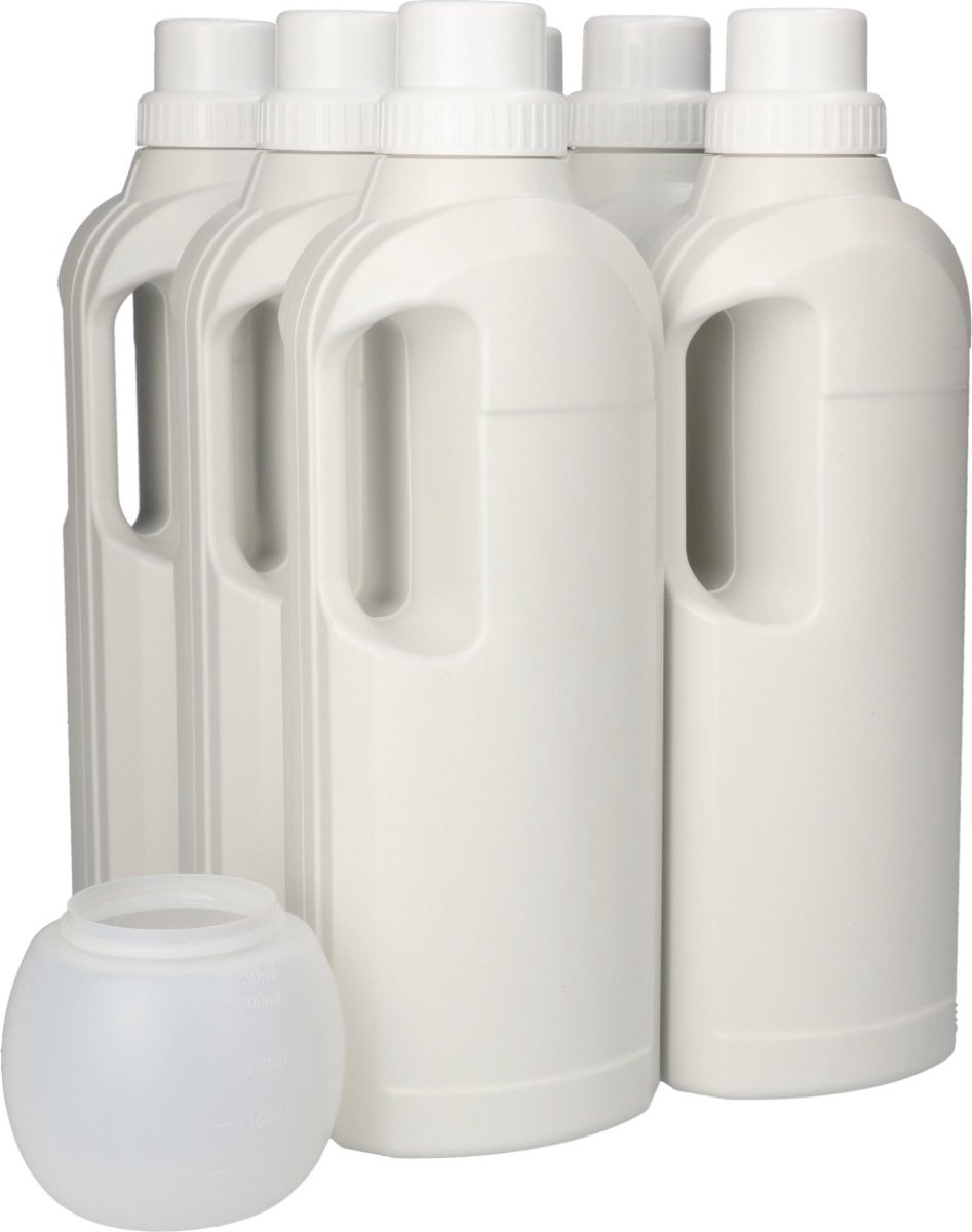 6 x Gerecyclede Ovale Fles 1000ml met Doseerdop & Wasbol- Gerecycled HDPE Kunststof - Onbreekbaar - ca. 70% minder Co2 uitstoot door gerecycled materiaal - 6 stuks