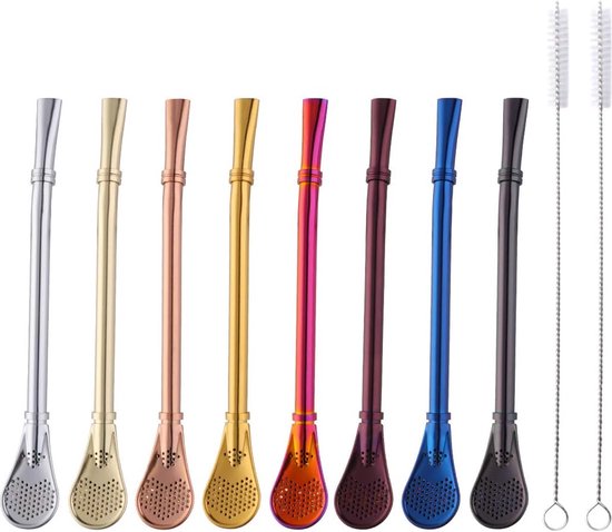 8 Pailles Cuillère En Acier Inoxydable 2 En 1 - Réutilisables Avec Brosse De Nettoyage Pour Smoothies, Cocktails & Café