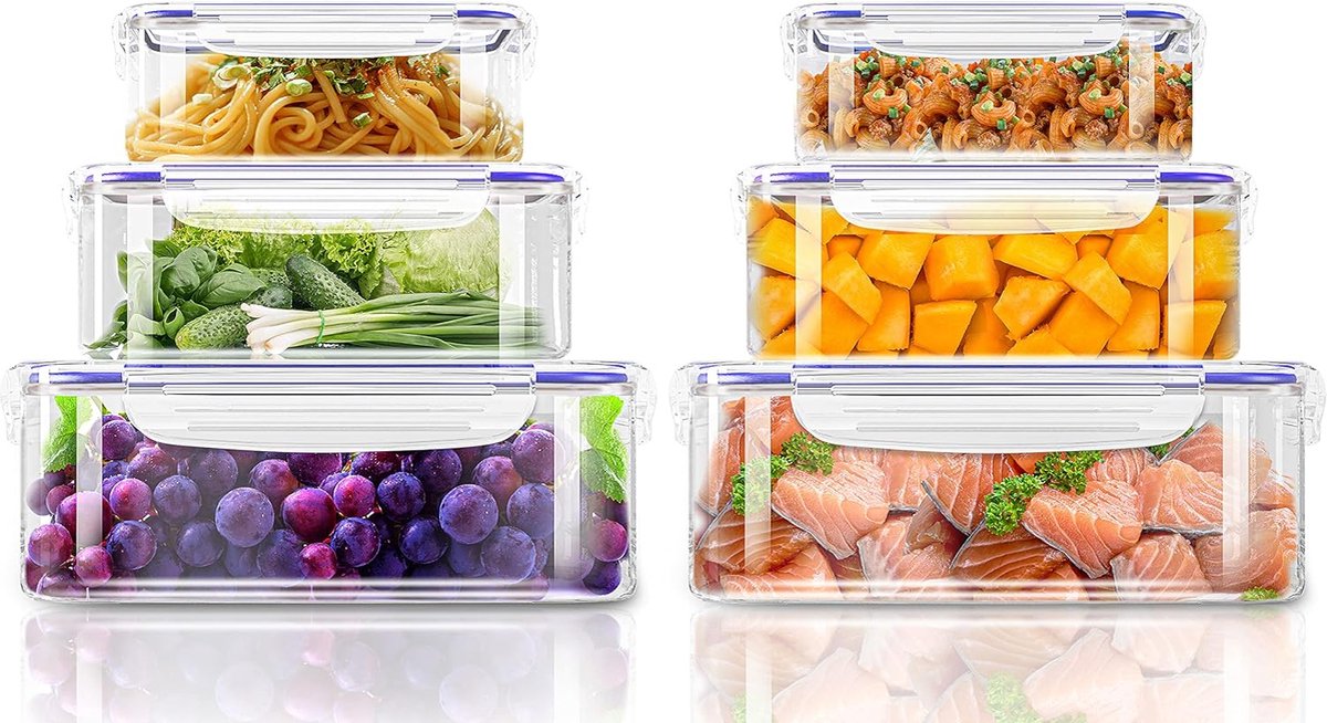 12 voorraadpotten met deksels (6 containers 6 deksels) voedselopslagcontainers voor keukenopslag BPA-vrije keukenorganizer (blauw)
