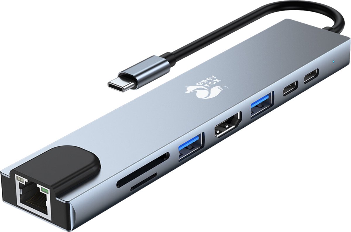 Grey Fox 8 in 1 Netwerk/USB Hub - USB Splitter 2.0/3.0 - 4k/30Hz - USB C Type - Micro TF/SD Kaarlezer - Geschikt voor Mobiel, Laptop, Macbook en Windows