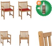 vidaXL Chaises de jardin 2 pcs avec coussins rouges Chaise de jardin en bois de teck massif avec nettoyant et rafraîchisseur pour bois