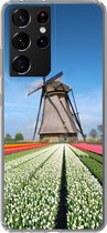 Geschikt voor Samsung Galaxy S21 Ultra hoesje - Molen tussen de tulpen in Nederland - Siliconen Telefoonhoesje
