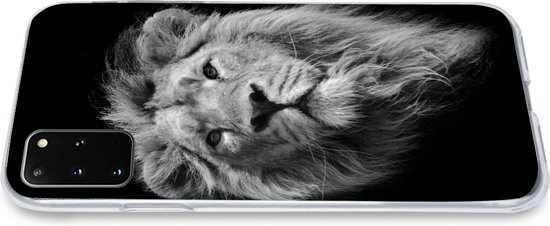 Telefoonhoesje Geschikt voor Samsung Galaxy S20 Plus hoesje - Aziatische leeuw tegen zwarte achtergrond in zwart-wit - Siliconen Telefoonhoesje Telefoonhoesje