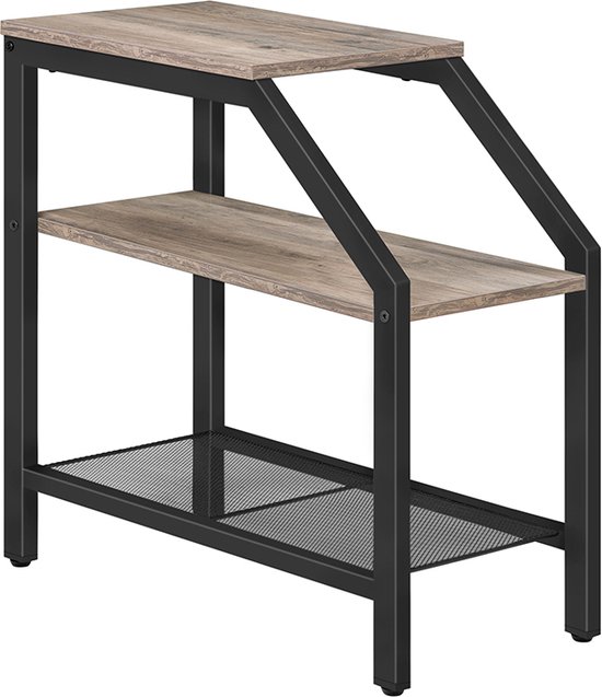 Table d'appoint, table de chevet avec 3 étagères, table basse industrielle étroite pour petits espaces, structure en métal, robuste et facile à monter, meuble effet bois, Greige
