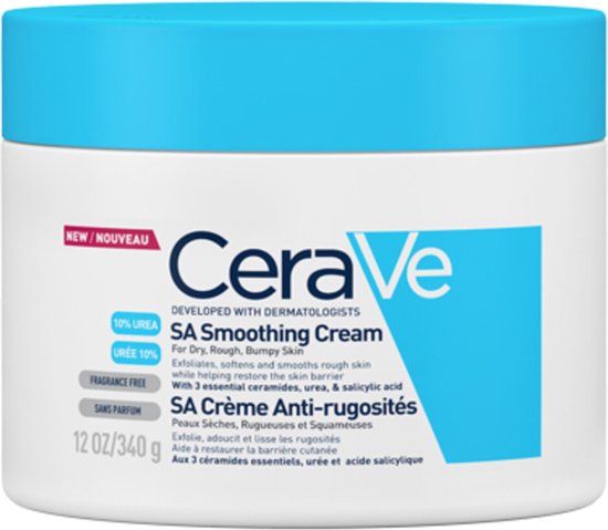 CeraVe SA Smoothing Cream pot met blauwe dop. Bevat 10% ureum, is parfumvrij en hypoallergeen.