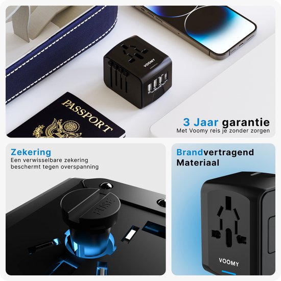 Voomy World Plug Universal - 4 Portes USB - Plus de 150 Landen - Prise de voyage Angleterre et Amérique - Zwart
