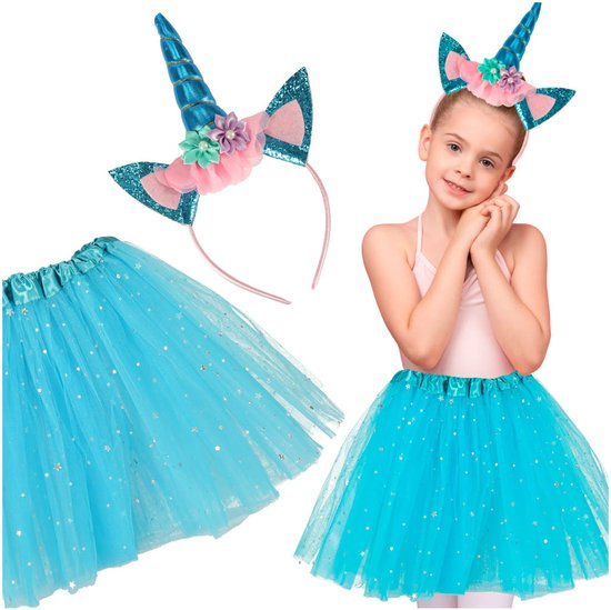 Playos® - Kostuum Eenhoorn - Blauw - met Haarband - 3 tot 6 jaar - Glitters - Kinderen - Verkleedkleding - Halloween - Carnaval