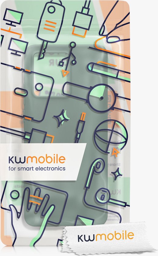 Verpakking van een telefoonhoes met illustraties van kabels en oortjes.
