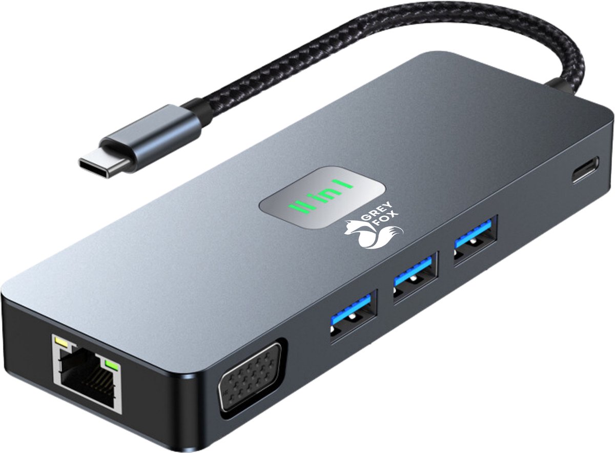 Grey Fox 11 in 1 Netwerk/USB Hub - USB C Type - USB Splitter 3.0 - HDMI 4k/30Hz - Micro TF/SD Kaarlezer - 3.5mm Audio - Ethernet - VGA 1080P - DP - Multi Screen Transmission - Geschikt voor Laptop, Macbook en Windows