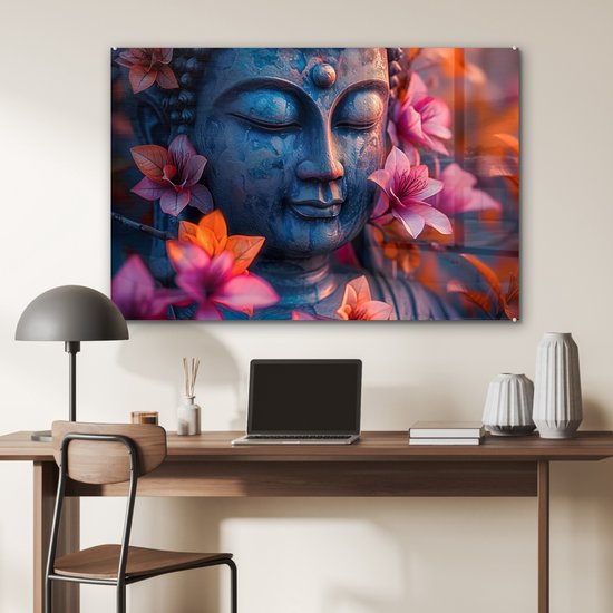 MuchoWow® Glasschilderij 120x80 cm - Schilderij acrylglas - Boeddha - Portret - Bloemen - Buddha - Beeld - Foto op glas - Muurdecoratie woonkamer - Wanddecoratie slaapkamer - Schilderijen