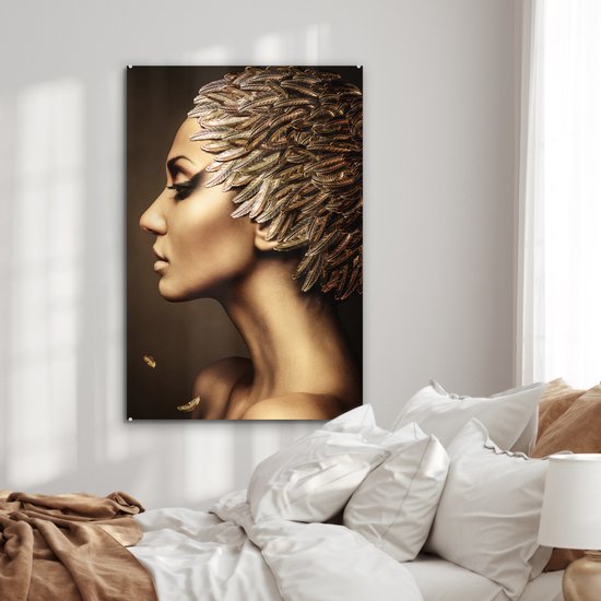 MuchoWow® Peinture sur verre 80x120 cm - Peinture sur verre - Femme - Abstrait - Or - Portrait - Photo sur verre acrylique - Décoration murale salon - Décoration murale chambre - Peintures