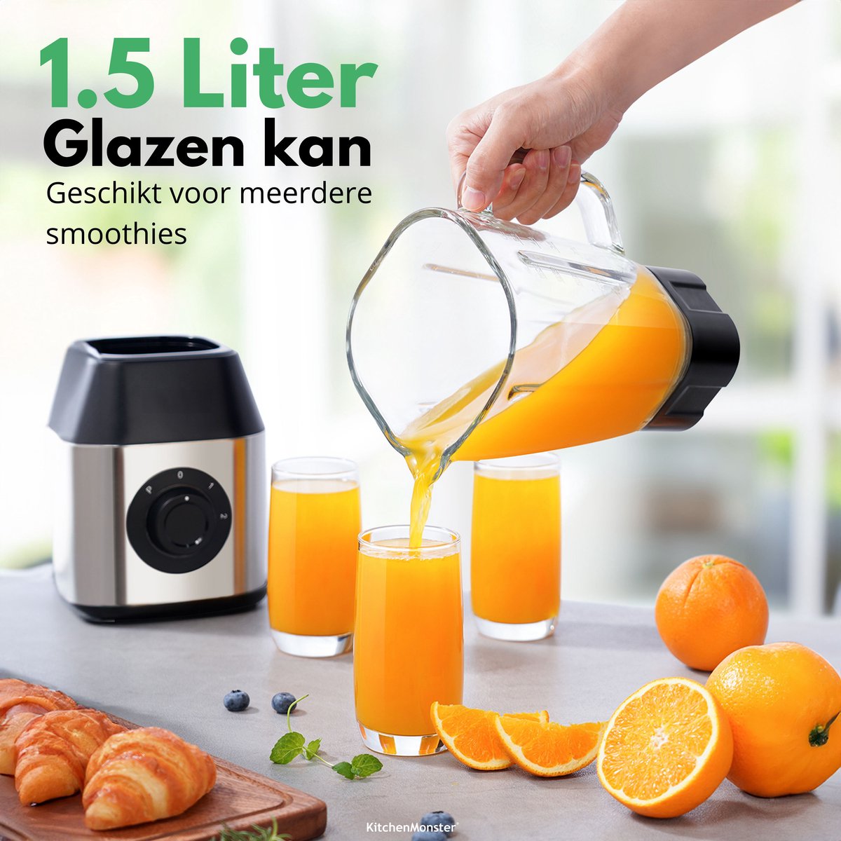KitchenMonster Blender Pro 1200W – 1,5L glazen kan